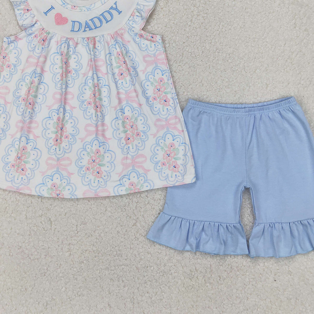 5.28 GSSO2407 RTS NO MOQ Baby Girls Summer Outfits I love daddy floral bow tunic ruffle shorts girls clothing