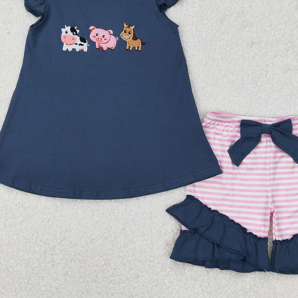 5.16 GSSO2110 RTS NO MOQ Cows pig horse top stripe shorts farm girl clothes