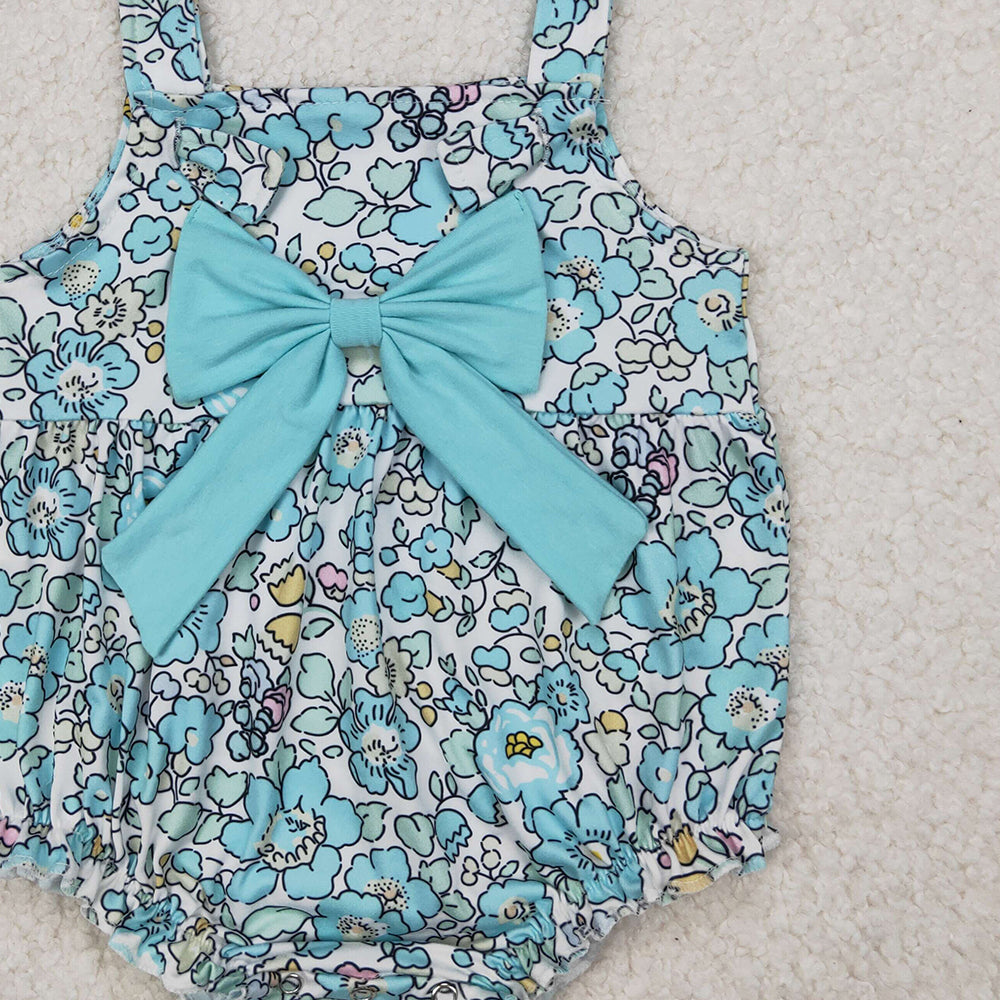 4.10 SR2829 RTS NO MOQ Baby Girls Summer Romper Baby Girls Light Blue Floral Bow Top Rompers
