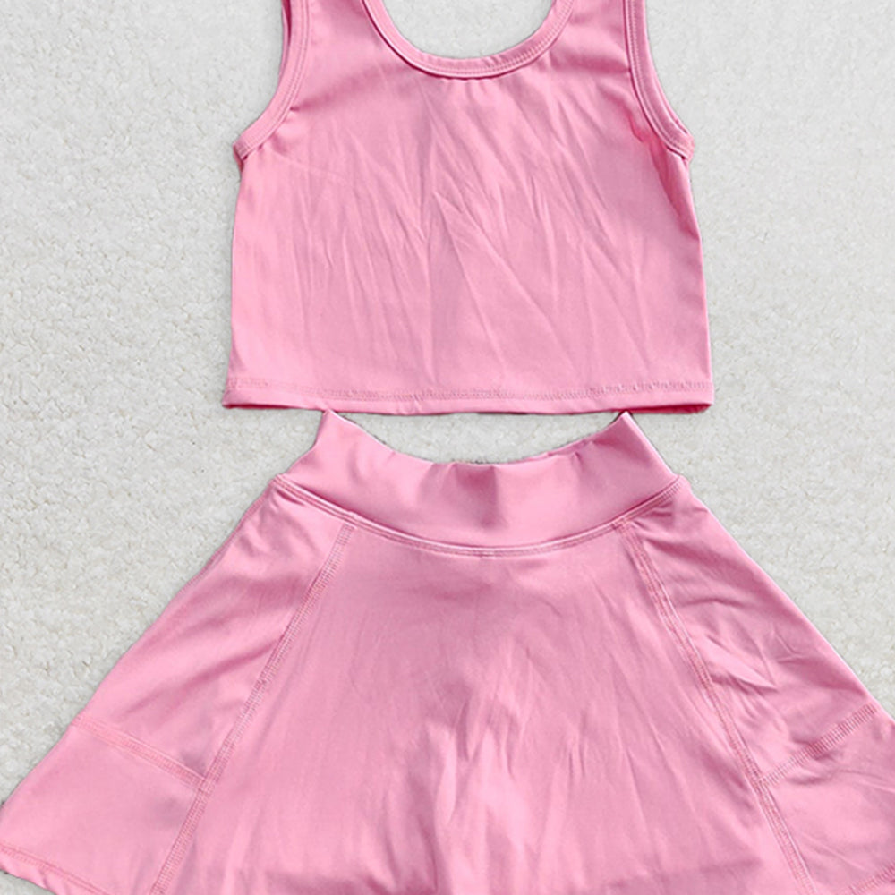 GSD1978RTS NO MOQ Baby Girls Yoga Outfits Dark Pink Sleeveless Top Skirt Set Kids Girls Active Wear Outfit