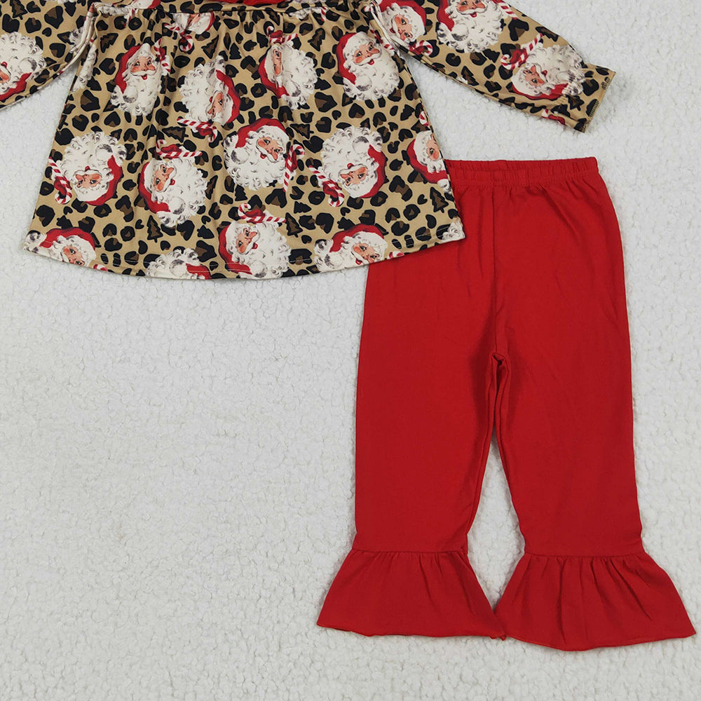 8.13 GLP2369RTS NO MOQ Baby Girls Winter Outfits Baby Girls Long Sleeves Leopard Santa Tunic Ruffle Pants Set