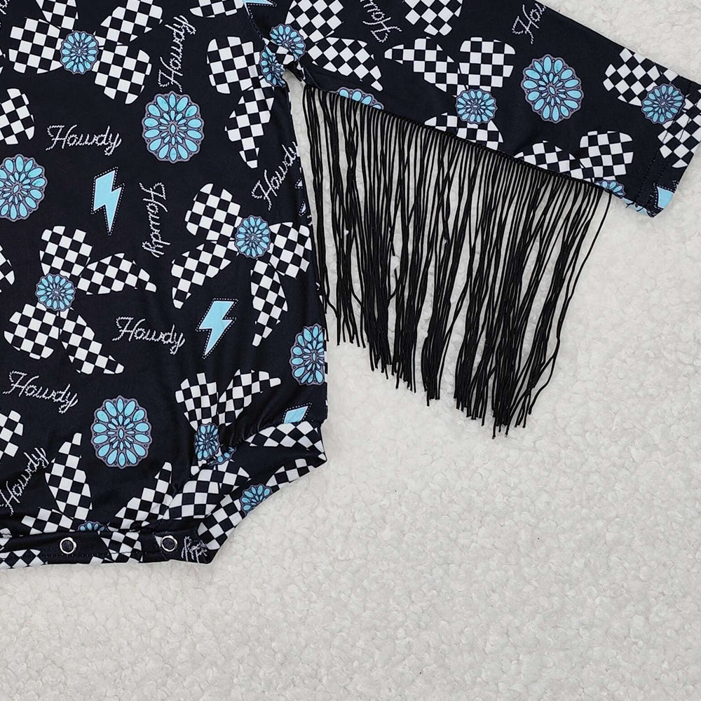 SR2552Turquoise plaid bow howdy tassels western baby romper