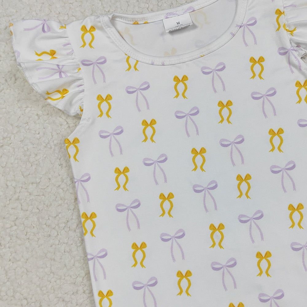 RTS NO MOQ (In stock)GT1147 Baby Girls Summer Tops Baby Girls Yellow Lavender Bows Plaid Tee Shirts Top