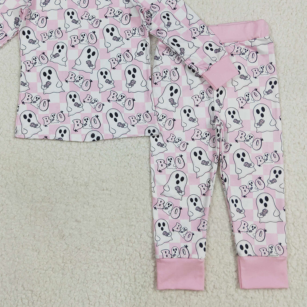 RTS NO MOQ (In stock)GLP2433 Baby Girls Winter Outfits Baby Girls Pink Halloween Ghost BOO Top Pant Pajamas Sets