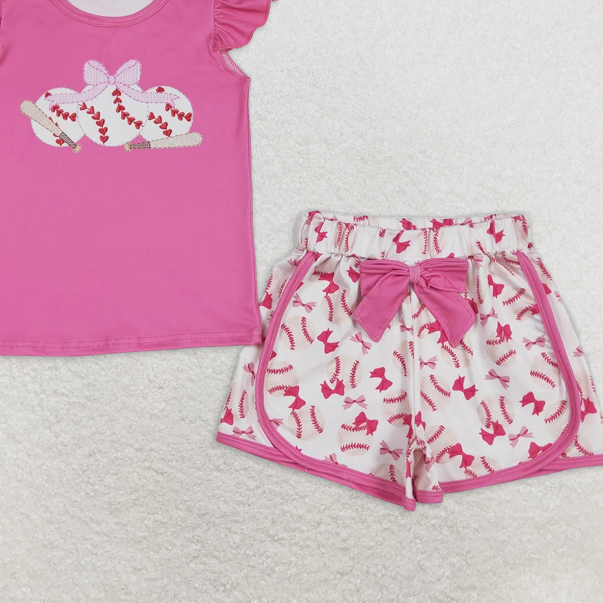 GSSO1685RTS NO MOQ Baby Girls Summer Outfits Girls Pink Flutter Sleeve Baseball Bow Top Shorts Outfit Set Cute Feminine Clothing Set for Kids