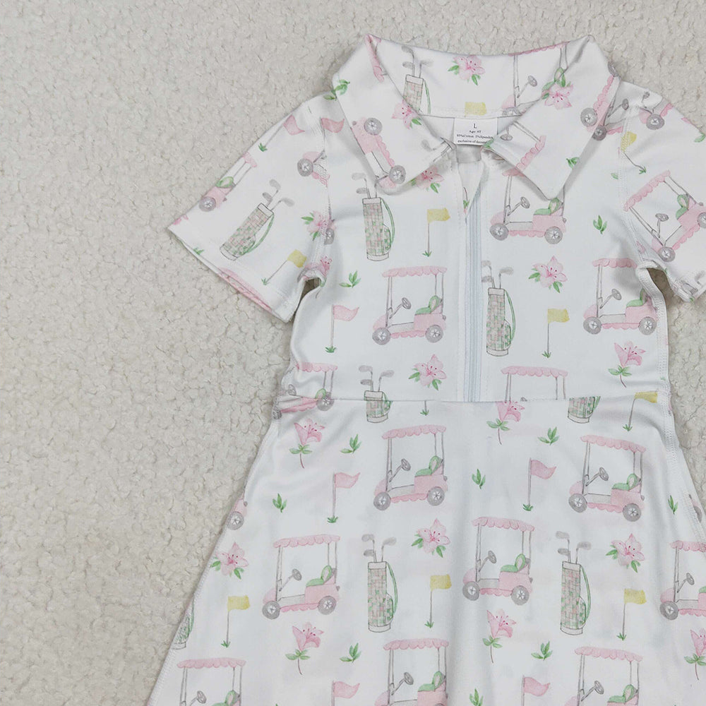 6.21 GSD2410RTS NO MOQ Baby Girls Summer Yoga Dress Baby Girls Short Sleeves Pink Flowers Golf Zipper Knee Length Dresses