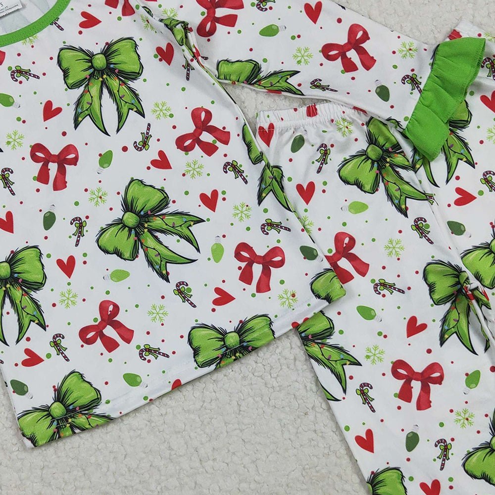 RTS NO MOQ (In stock)GLP2628 Baby Girls Winter Outfits Baby Girls Christmas Green Red Bows Hearts Top Pant Pajamas Sets