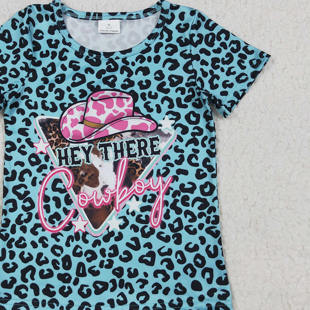 GT0934 RTS NO MOQ Baby Girls Summer Tops Baby Girls Leopard Hey Cowboy Short Sleeve Tee Shirts Tops