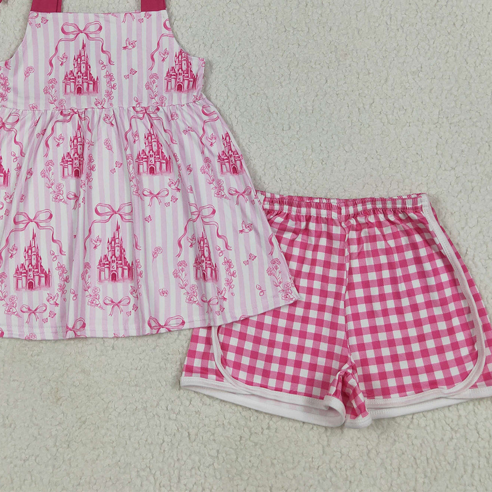 7.10 GSSO2582RTS NO MOQ Baby Girls Summer Outfits Baby Girls Pink Strap Castles Bows Tunic Plaid Short Set