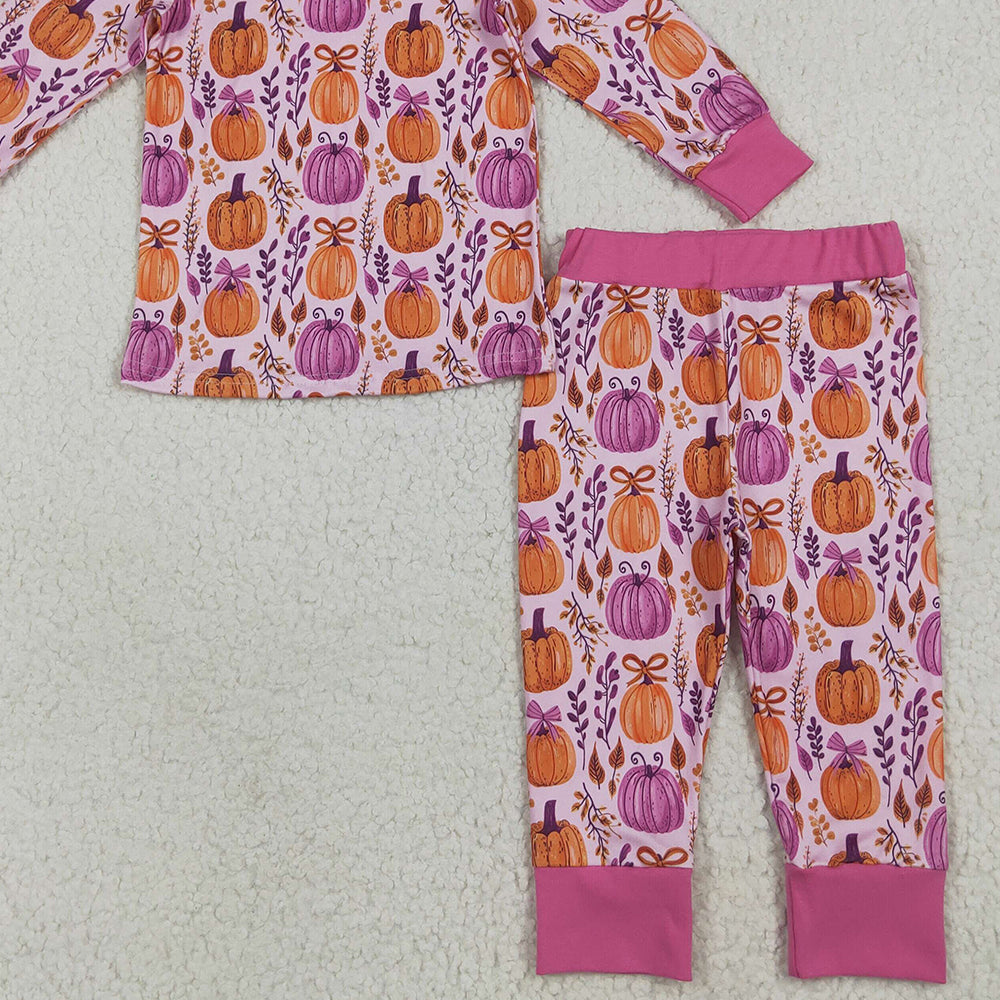 8.15 GLP2415RTS NO MOQ Baby Girls Winter Outfits Baby Girls Long Sleeves Hot Pink Floral Pumpkins Top Pant Pajamas Set