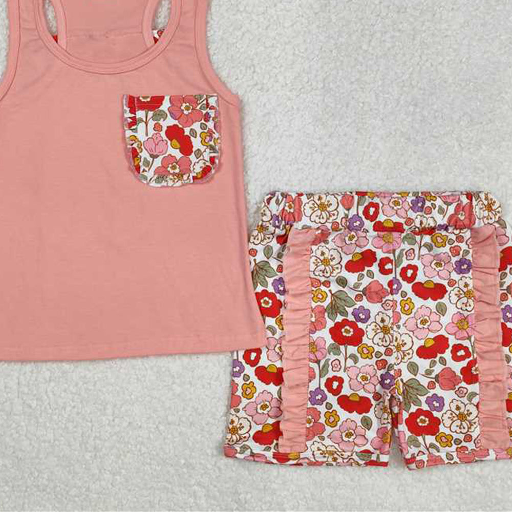 4.07 GSSO1793 RTS NO MOQ Baby Girls Summer OutfitsPeach sleeveless floral bow ruffle shorts girls clothes