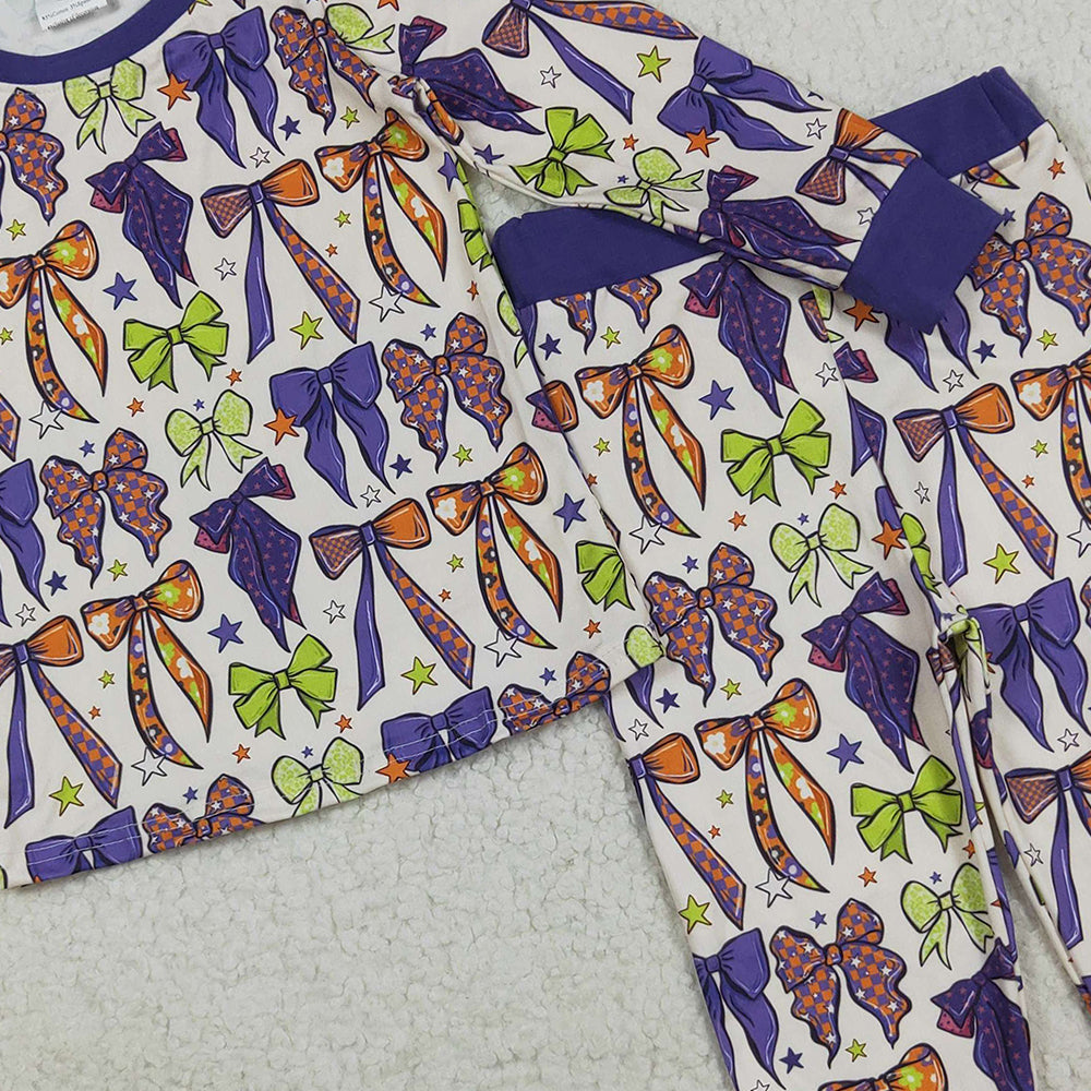 8.23 RTS NO MOQ (In stock)GLP2566 Baby Girls Winter Outfits Baby Girls Purple Green Bows Stars Plaid Top Pant Pajamas Set