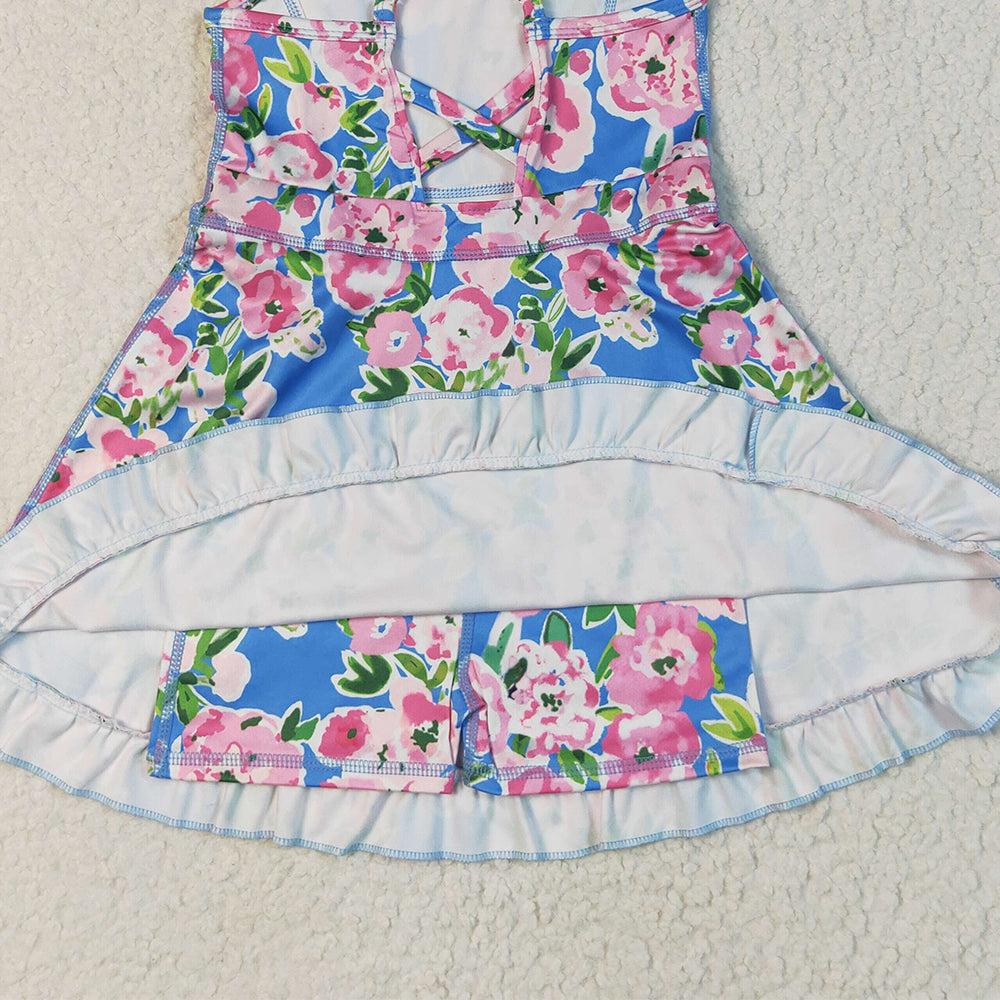 RTS NO MOQ (In stock)GSD2284 Baby Girls Summer Yoga Dress Baby Girls Blue Strap Colorful Floral Yoga Ruffle Knee Length Dresses
