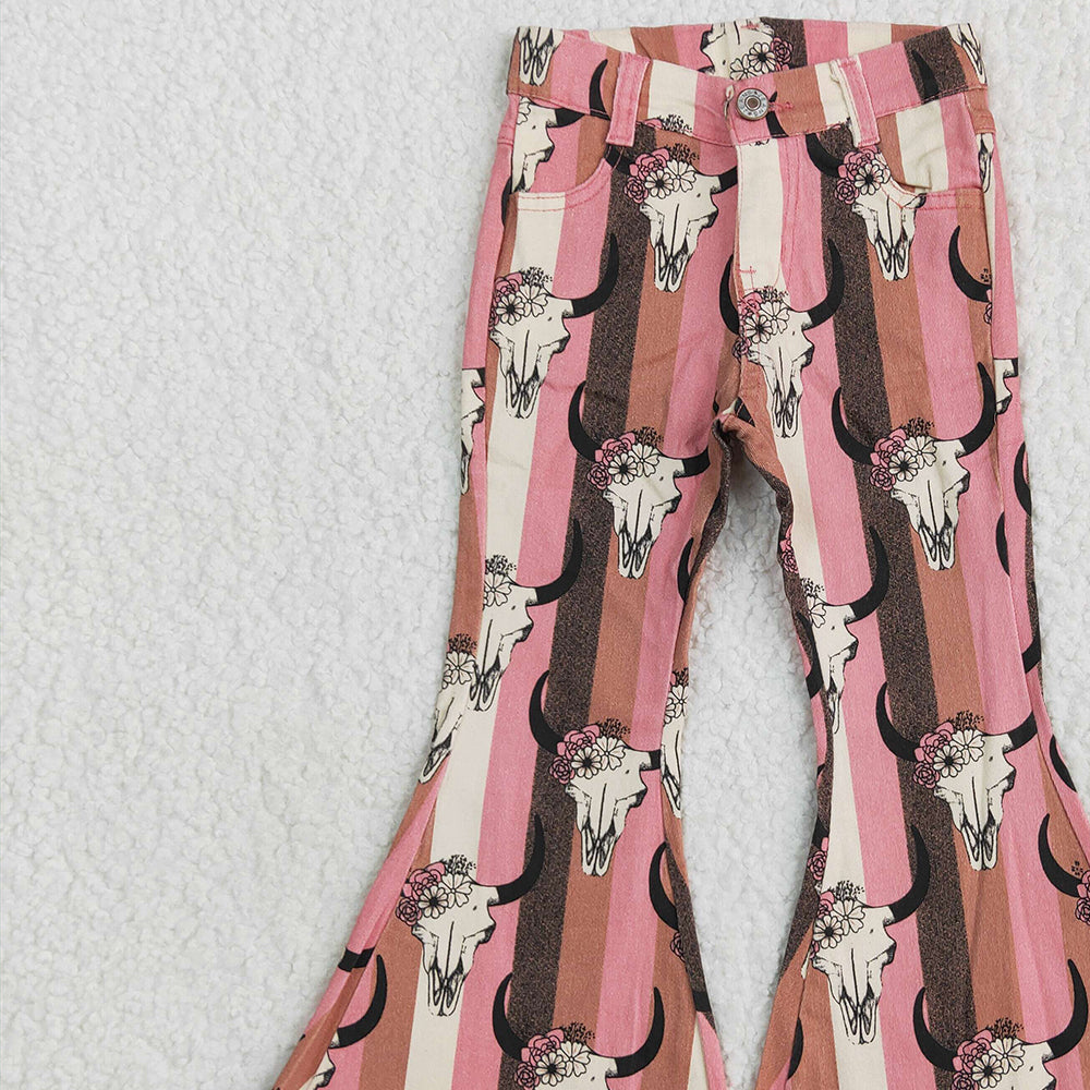 P0437RTS NO MOQ Baby Girls Denim Pants Baby Girls Aztec Western Cow Skull Bell Flare Denim Pants