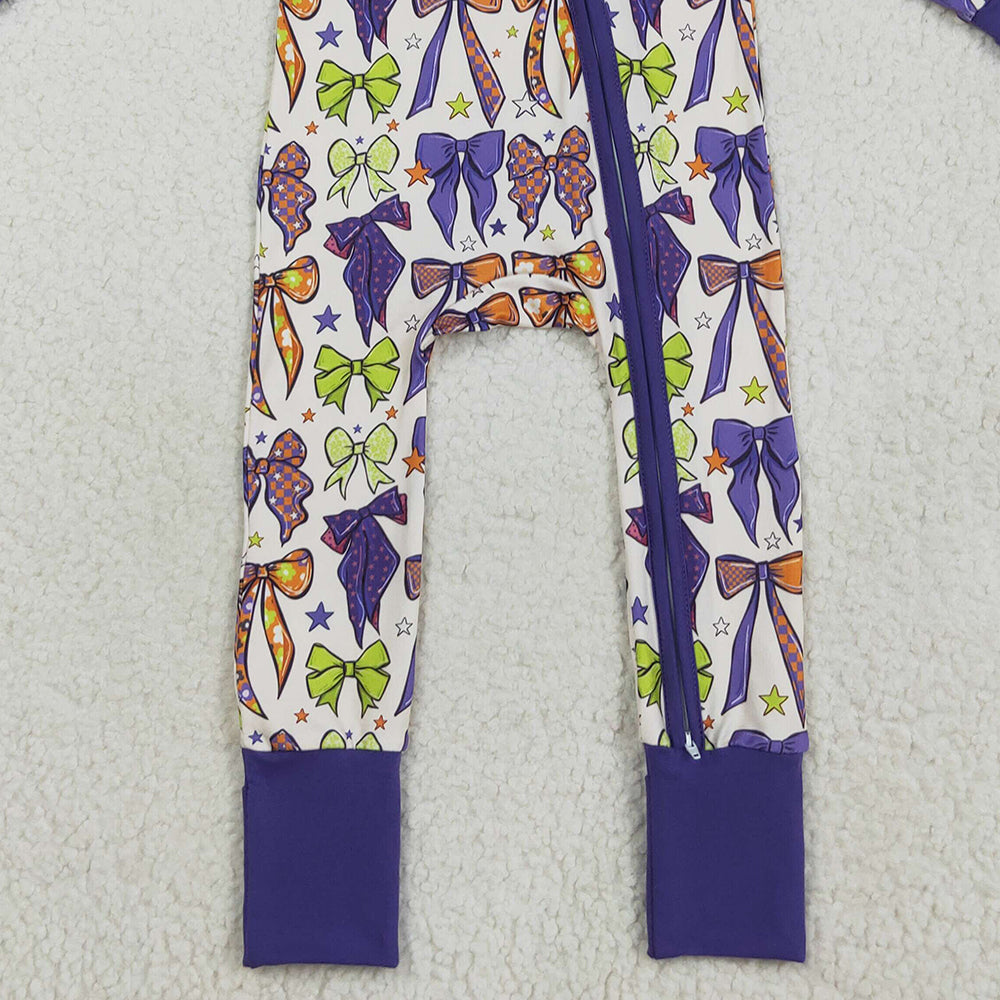 8.20 RTS NO MOQ (In stock)LR2403 Baby Girls Winter Rompers Baby Girls Long Sleeves Purple Bows Zipper Footie Rompers