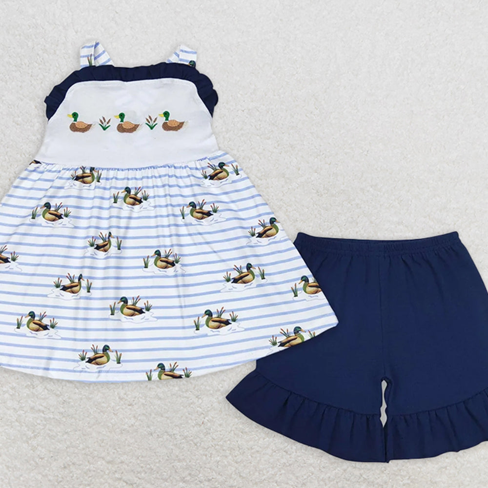 GSSO1189RTS NO MOQ Baby Girls Summer Outfits Duck stripe tunic navy shorts girls summer outfits