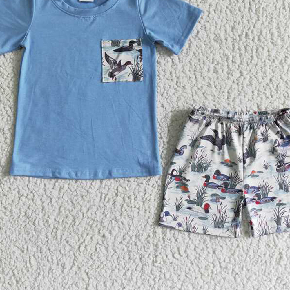6.13 E8-15 RTS NO MOQ Baby Boys Summer Boys Outfits Blue cotton short sleeve shirt duck print shorts boy summer outfits
