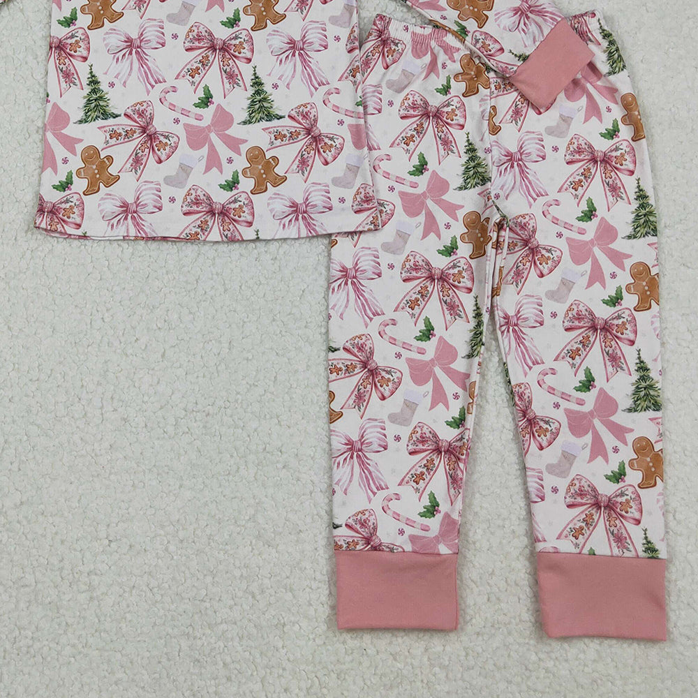 RTS NO MOQ (In stock)GLP2542 Baby Girls Winter Outfits Pink Christmas Trees Gingerbread Top Pants Pajamas Sets