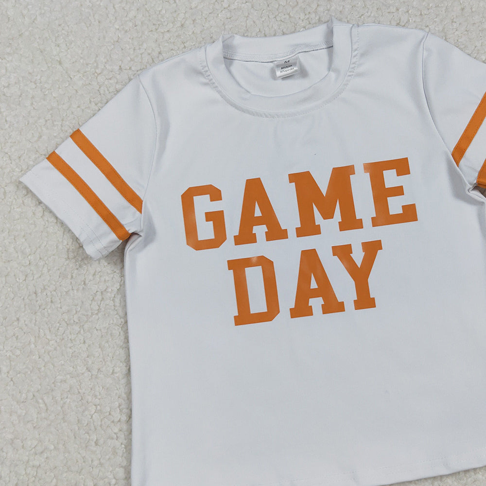 RTS NO MOQ (In stock)GT1116+GLK0109 Baby Girls Yoga Outfits White Orange Short Sleeves Game Day Activewear Top with Pleated Skirts Orange Yoga Skorts Bottom