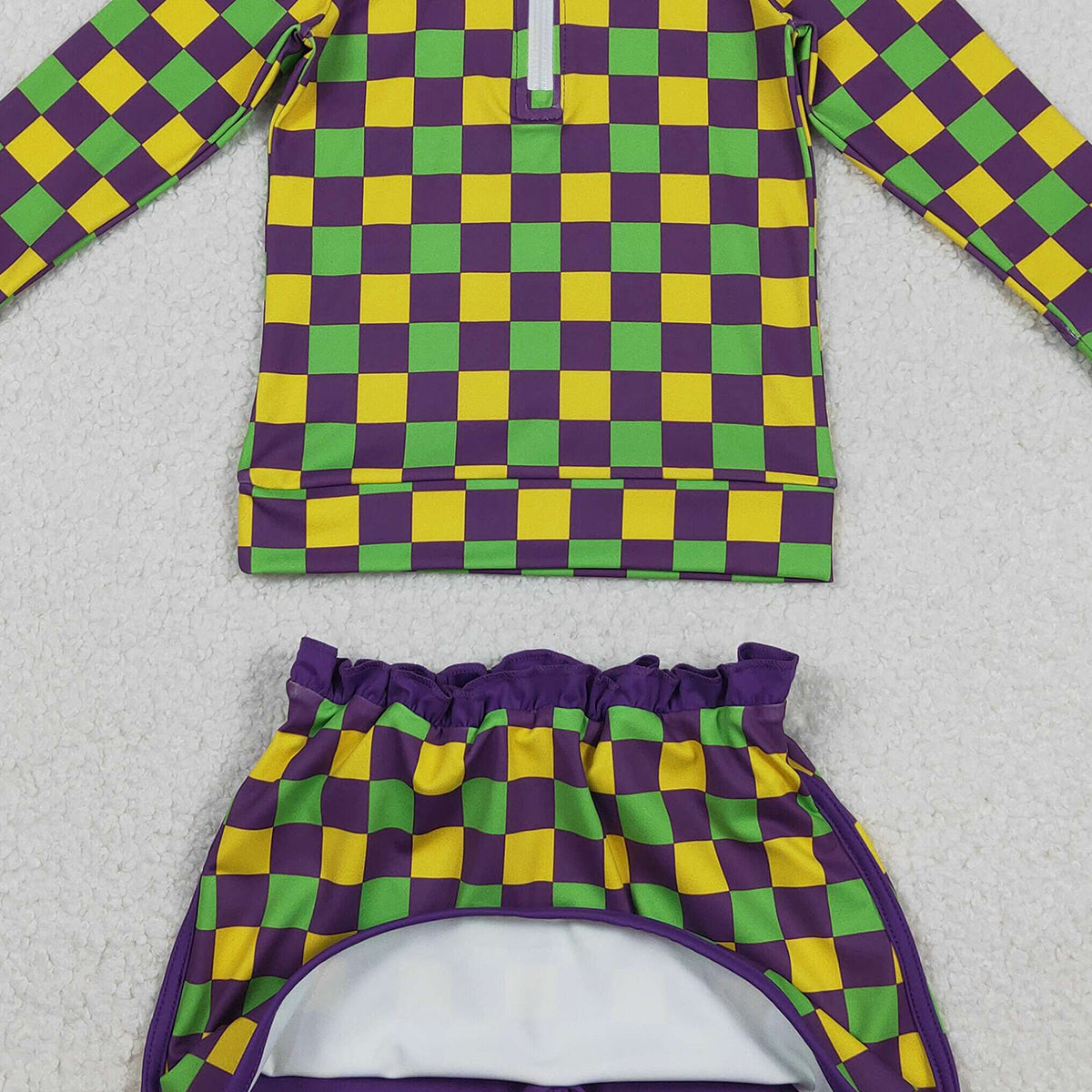 12.15 RTS NO MOQ (In stock)GLD1362 Baby Girls Mardigras Checked Zipper Pullovers Skirt Shorts Yoga Clothes Set