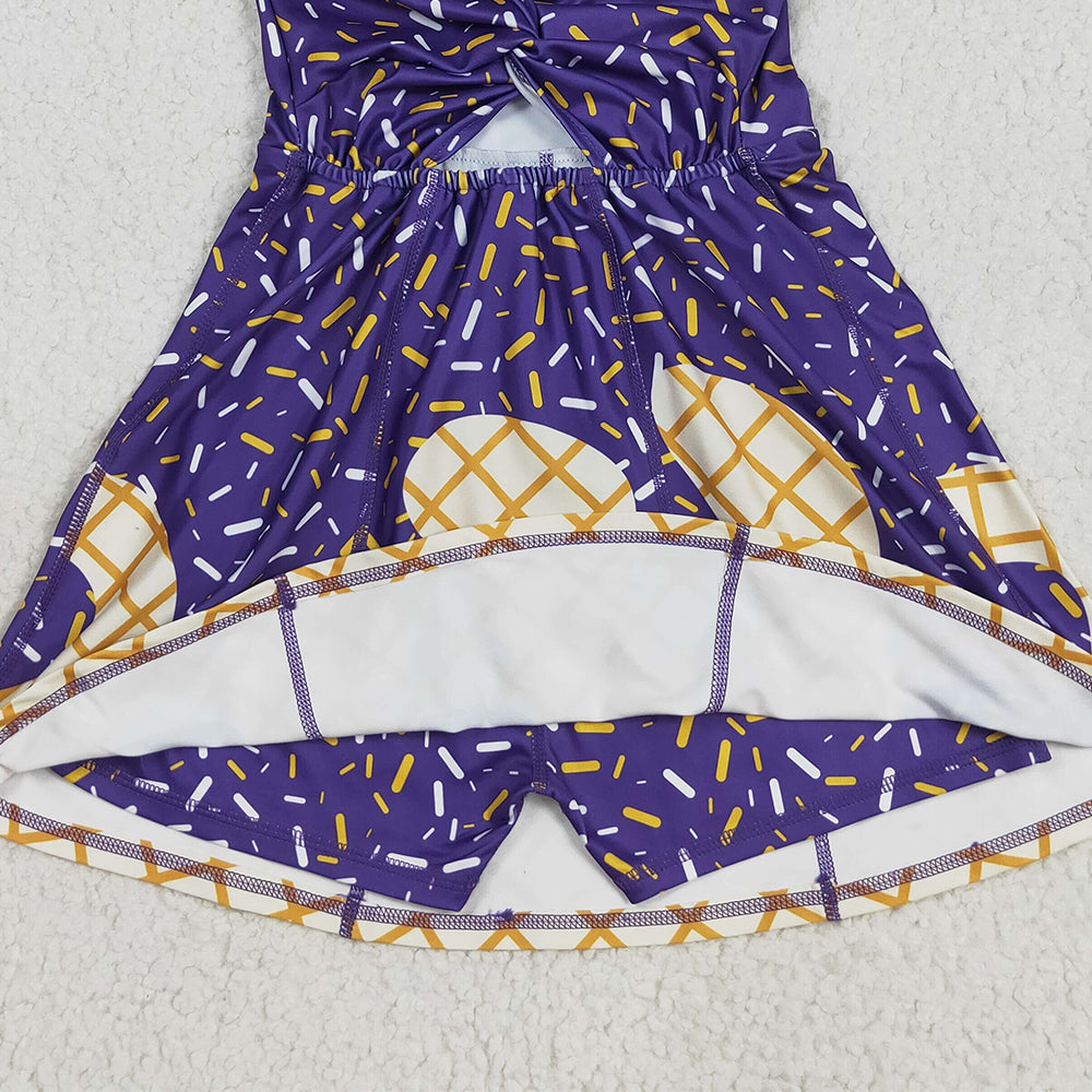 RTS NO MOQ (In stock)GSD2752 Baby Girls Summer Yoga Dress Baby Girls Purple Drip Sleeveless Shorts Team Yoga Active Knee Length Dresses