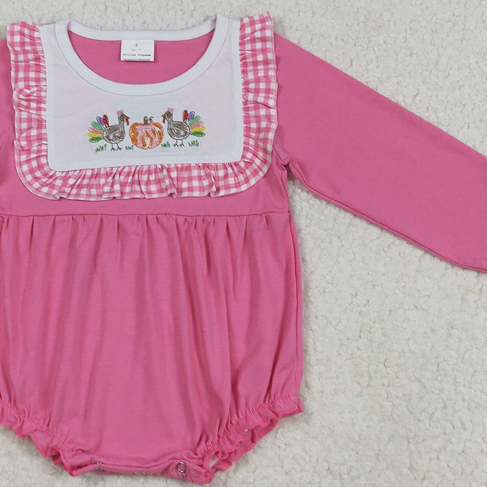 RTS NO MOQ (In stock)LR2287 Baby Girls Winter Rompers Baby Girls Pink Thanksgiving Turkey Pumpkins Ruffle Rompers