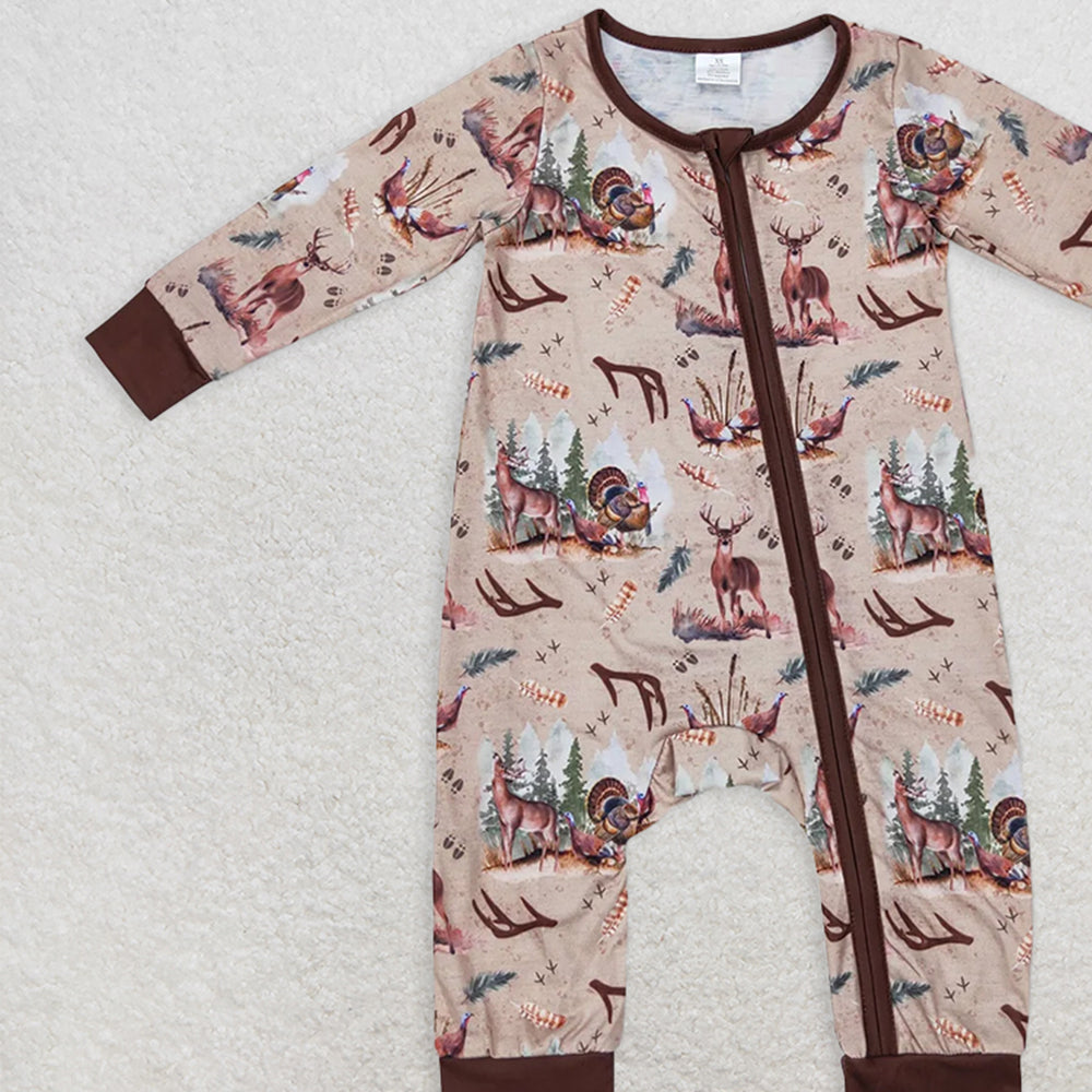 USA Shop (in stock) LR1014RTS NO MOQ Baby Boys Winter Outfits Modal Deerhorn Turkey Brown Zipper Long Sleeve Bodysuit