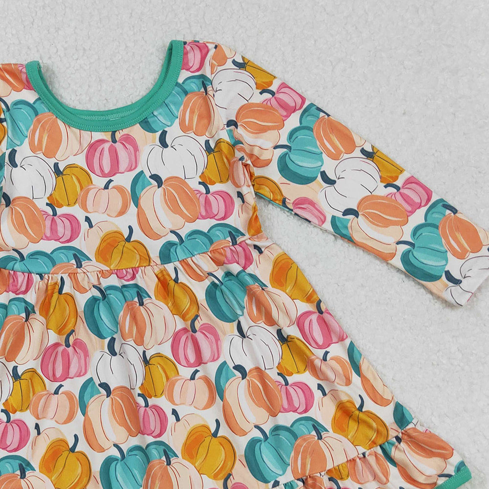 RTS NO MOQ (In stock)GLD1264 Baby Girls Winter Dress Colorful Pumpkin Long Sleeve Girls Dress with Ruffles for Fall Season Girls Clothing