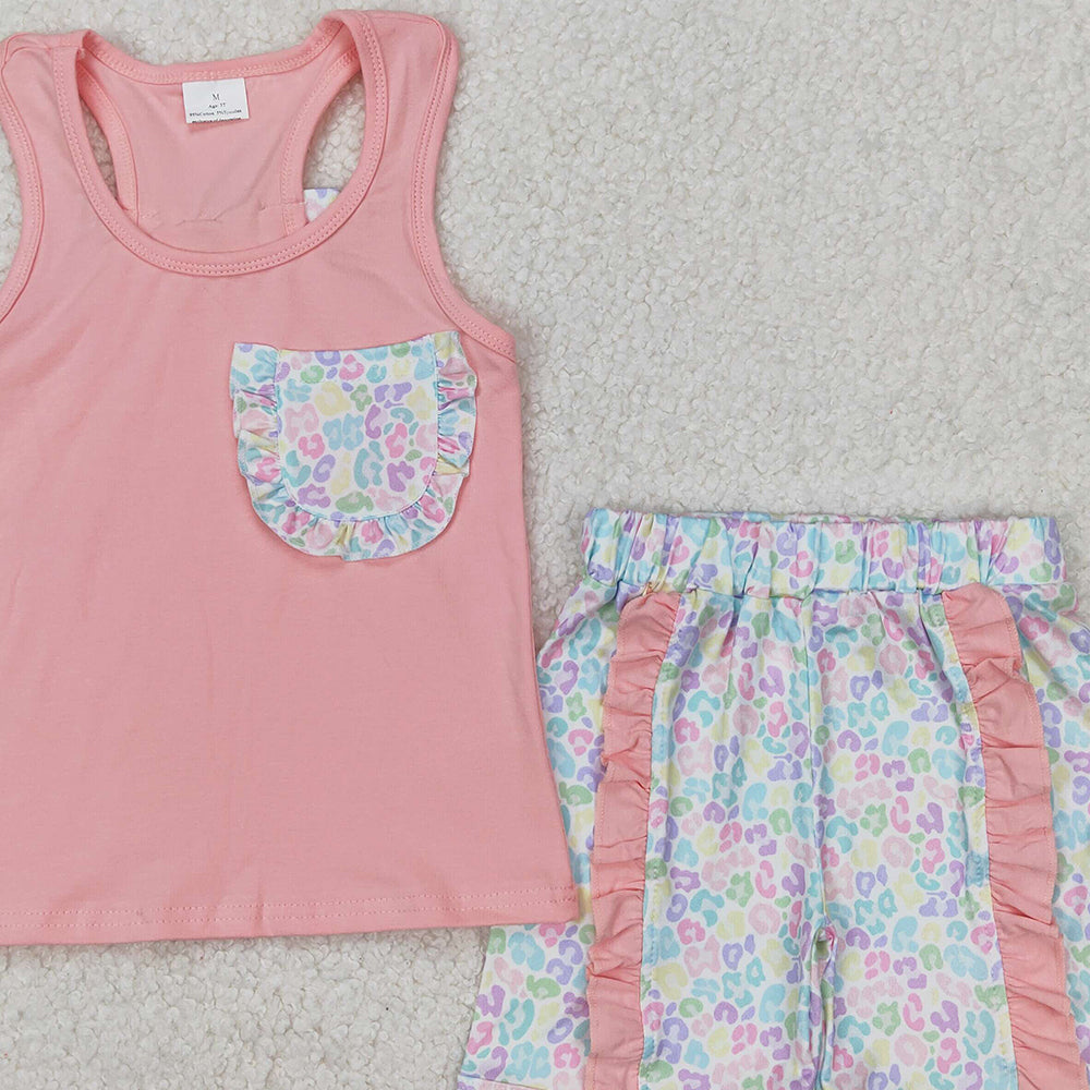 4.22 GSSO1783 RTS NO MOQ Leopard pocket sleeveless top ruffle shorts girls clothes