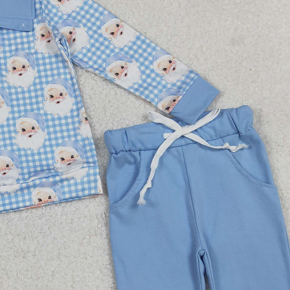 10.14 RTS NO MOQ (In stock)BLP1295 Baby Boys Winter Outfits Baby Boys Blue Checked Santa Button Top Pockets Pants Christmas Clothes Sets