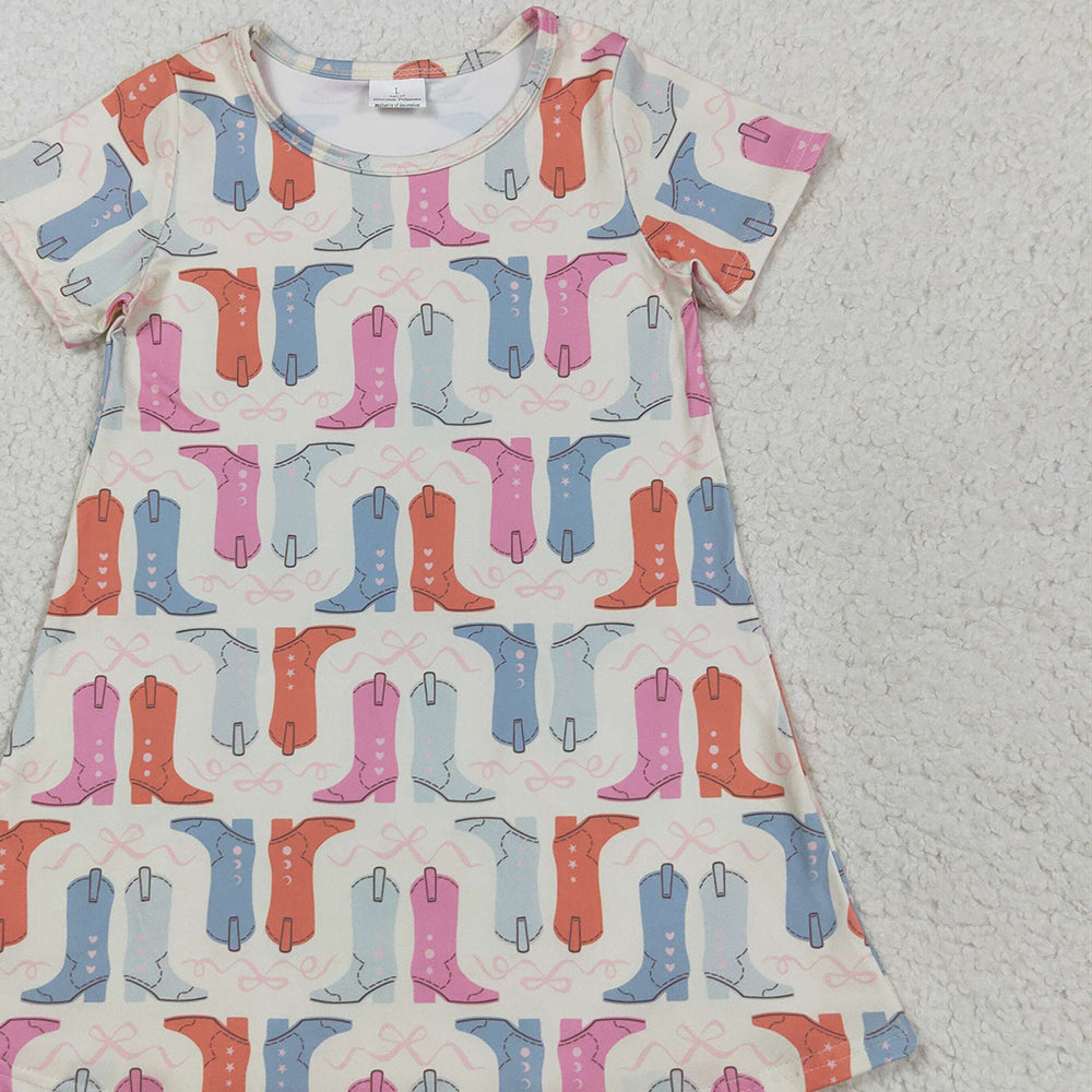 7.02 GSD2497RTS NO MOQ Baby Girls Summer Dress Baby Girls Short Sleeves Colorful Boots Knee Length Dresses
