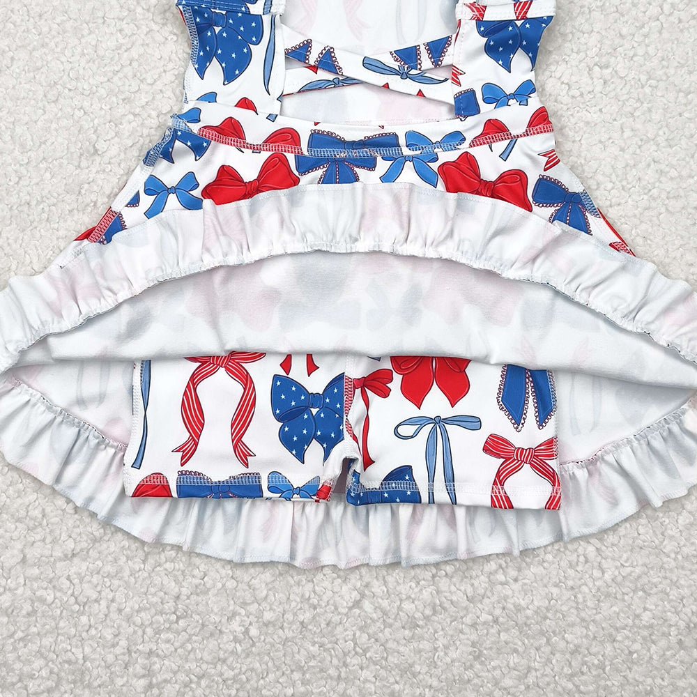 6.21 GSD2345 RTS NO MOQ Baby Girls Summer Yoga Dress Baby Girls Strap Blue Red Bows 4th Of July Yoga Active Knee Length Dresses