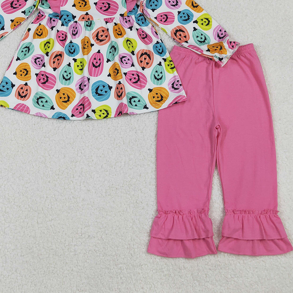 RTS NO MOQ (In stock)GLP2569 Baby Girls Winter Outfits Halloween Colorful Ghost Pumpkins Top Ruffle Pants Sets