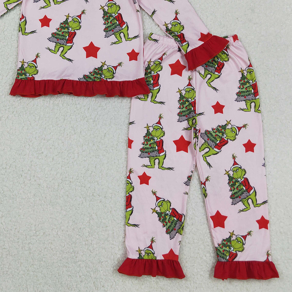 RTS NO MOQ (In stock)GLP2646 Baby Girls Winter Outfits Christmas Green Face Trees Top Pants Pajamas Sets