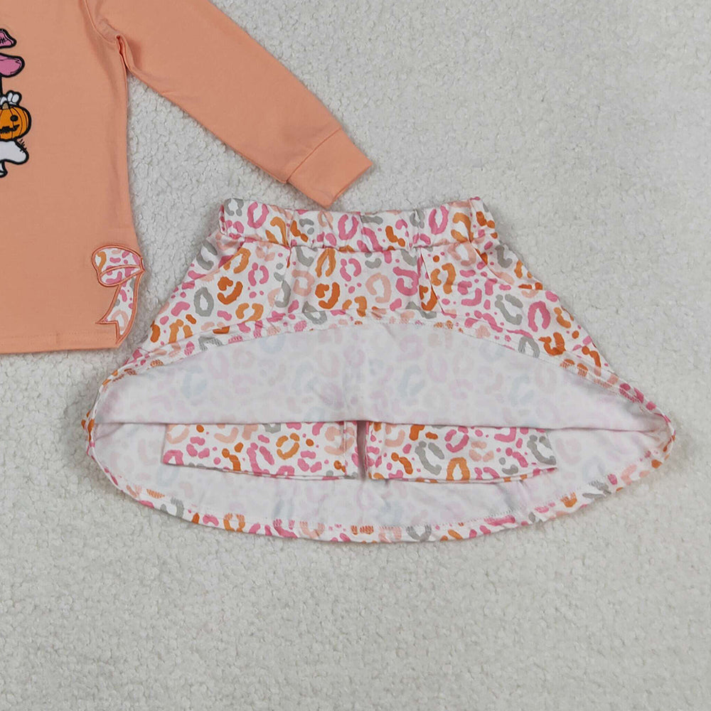 RTS NO MOQ (In stock)GLD1174 Baby Girls Skirt Sets Halloween Leopard Skorts Set with Bows Ghost And Pumpkins Tops for Kids' Halloween Outfit