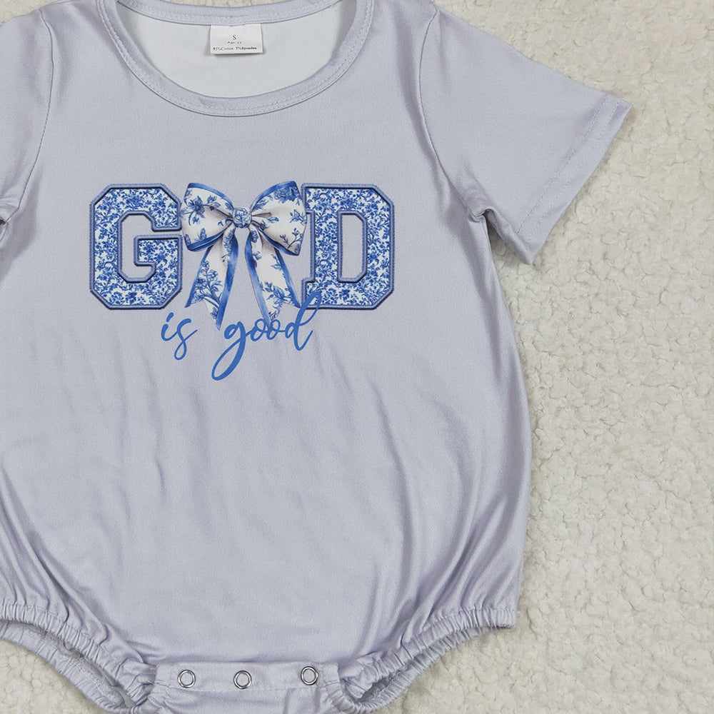 SR2772 RTS NO MOQ Baby Boys Summer Rompers Light Blue Floral Bow Baby Romper Short Sleeves 'God Is Good' Print Infant Outfit Casual Comfortable Clothing for Babies
