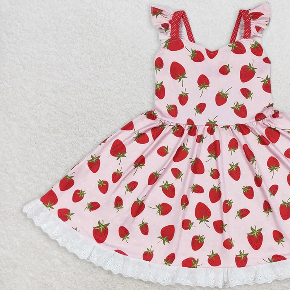 GSD1273 RTS NO MOQ Baby Girls Summer Dress Baby Girls Strawberry Flutter Sleeve Knee Length Dresses