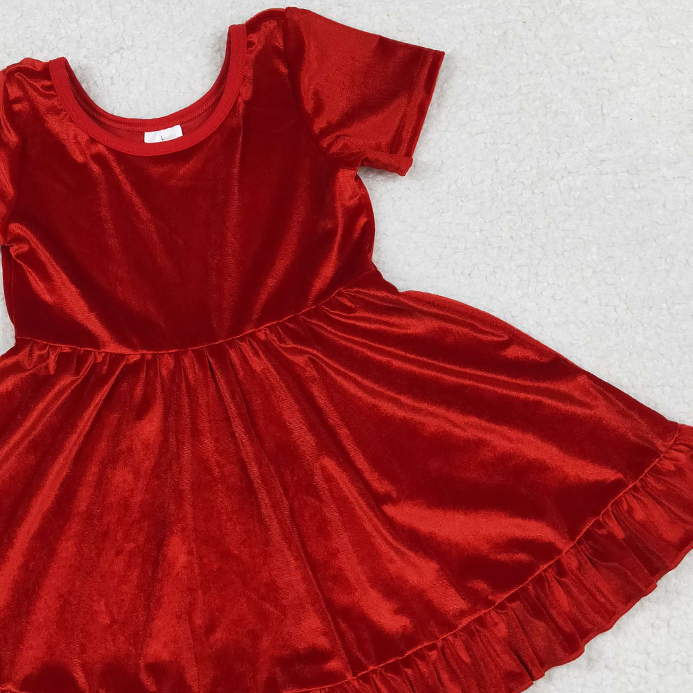 RTS NO MOQ (In stock)GSD2614 Baby Girls Dress Baby Girls Short Sleeves Red Velvet Ruffle Knee Length Dresses