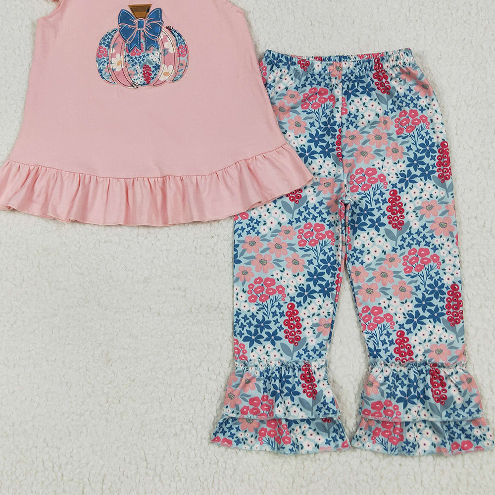 8.15 GSPO2032RTS NO MOQ Baby Girls Spring Outfits Baby Girls Pink Flutter Sleeves Floral Pumpkin Tunic Ruffle Pants Set