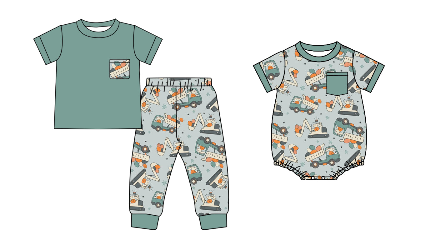 Baby Boy Green Pocket Top Egg Truck Pants Clothing Set & Romper Pre-Order