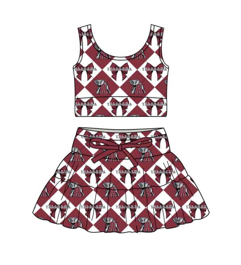 CUSTOM MOQ 5 Baby Girl Clothes Dark Red Bow Plaid Team Top Skirts Yoga Active Clothes Sets