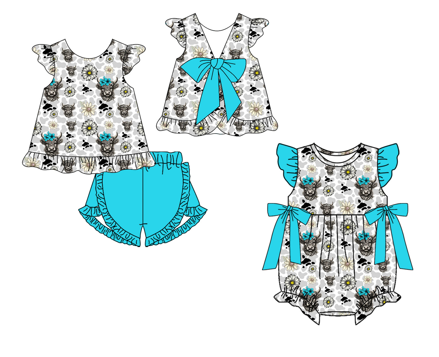 CUSTOM MOQ 5 Sibling Baby Girls Blue Cow Flowers Checked Tunic Ruffle Shorts Clothes Set Rompers