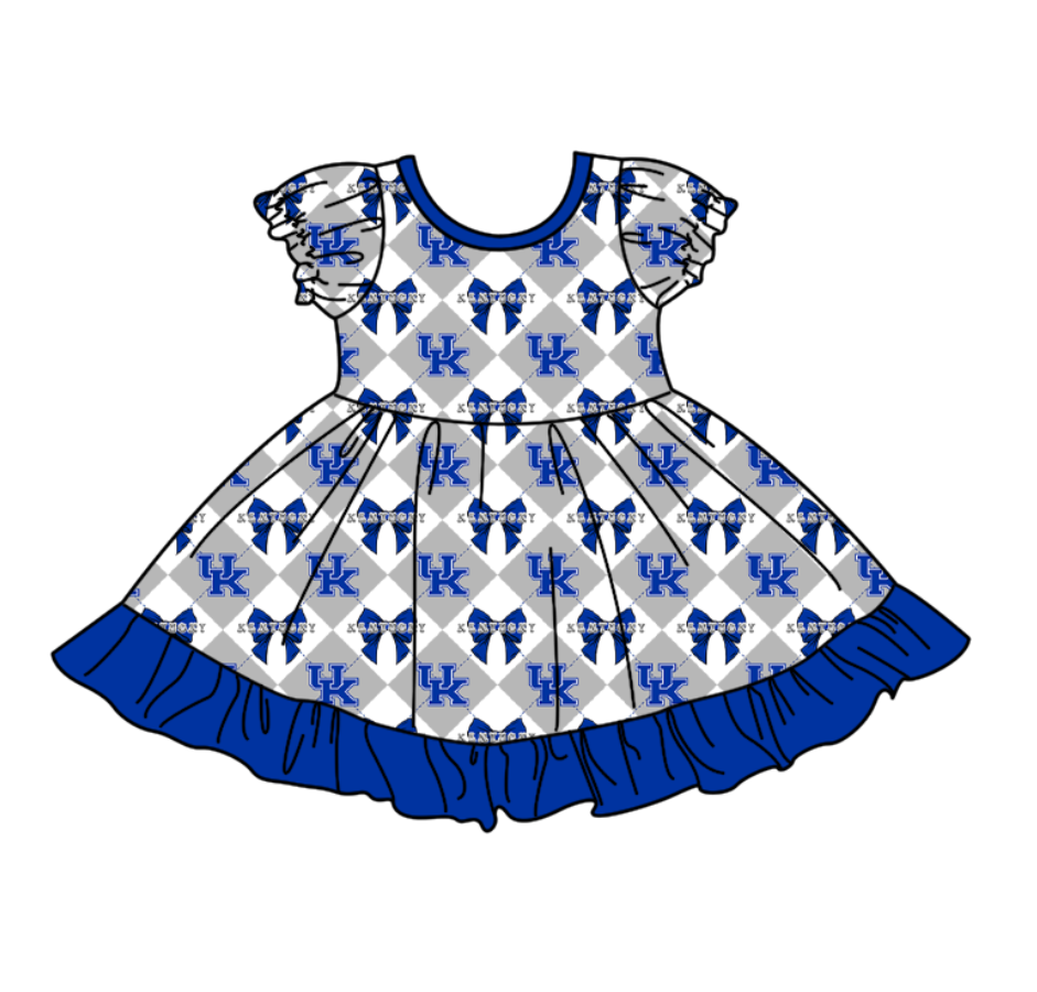 CUSTOM MOQ 5 Baby Girl Blue Bow Plaid Short Sleeve Team Knee Length Dresses