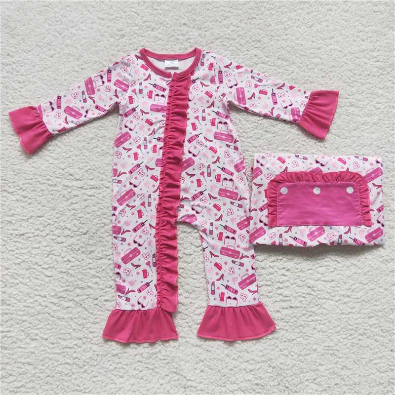 LR0600Hot pink ruffle party baby girls zipper romper