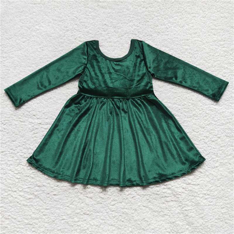 GLD0336 Baby Girls Green Long Sleeve Velvet Knee Length Dresses