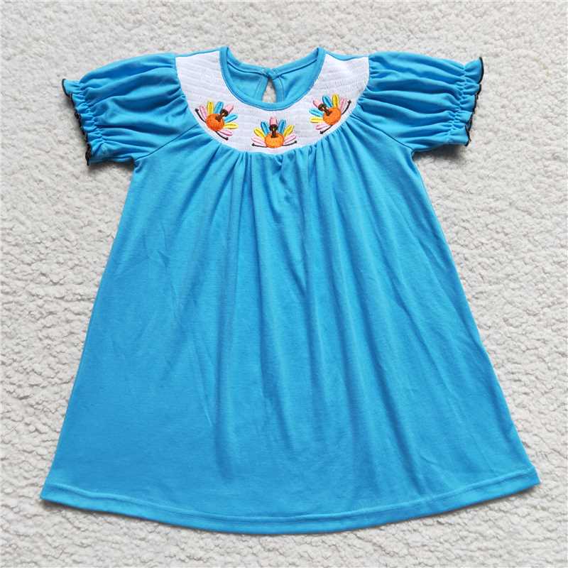 GSD0436 Smocked embroidered turkey blue short-sleeved dress
