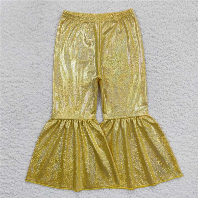 P0182 P0182 Baby Girls Yellow Holographic Spandex Bell Bottom Pants