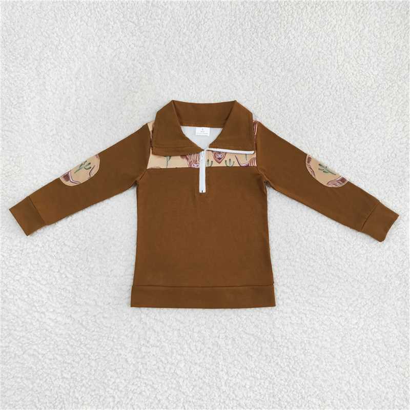 BT0298 Baby Boys Brown Cactus Highland Cow Long Sleeve Elbow Pullover Tee Shirt Tops