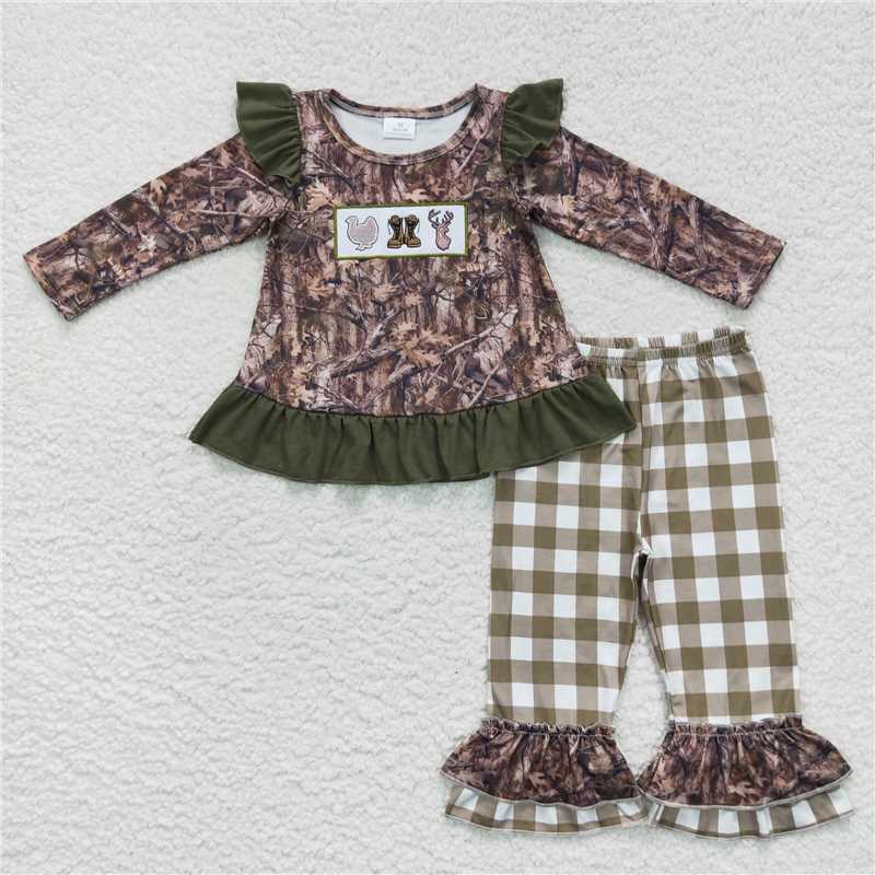 10.16 RTS NO MOQ (In stock) Matching thanksgiving GLP0644 Baby Girls Fall Camo Hunting Turkey Boots Tunic Ruffle Pants Clothes Sets