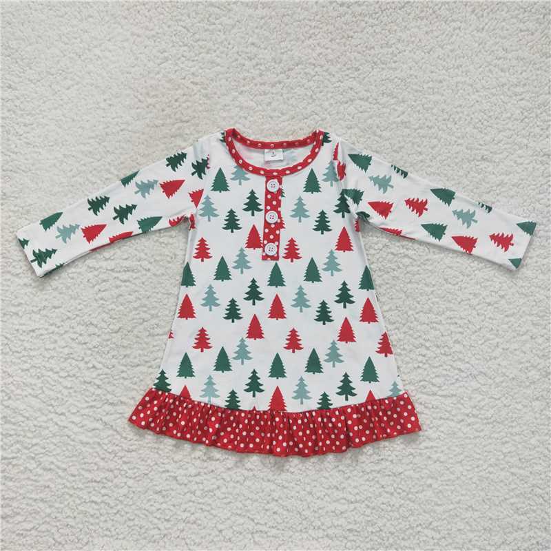 GLD0404 Baby Girls Christmas Tree Long Sleeve Knee Length Dresses